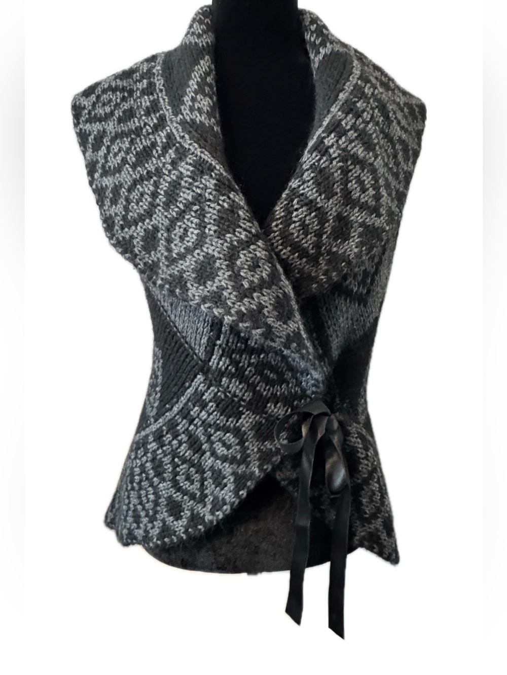 Italy Mohair Wool Blend Knit Sweater Vest Wrap Cardigan Gray Black L